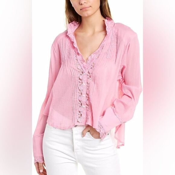 Free People | Clemence Lace Button Front Shirt Blouse | Peasant/Cottage Style XL - Picture 4 of 14